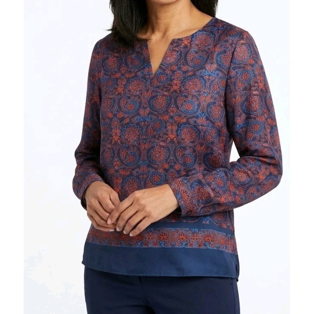 Ann Taylor Blue/Orange Paisley V-Neck Long Sleeve Blouse Size L